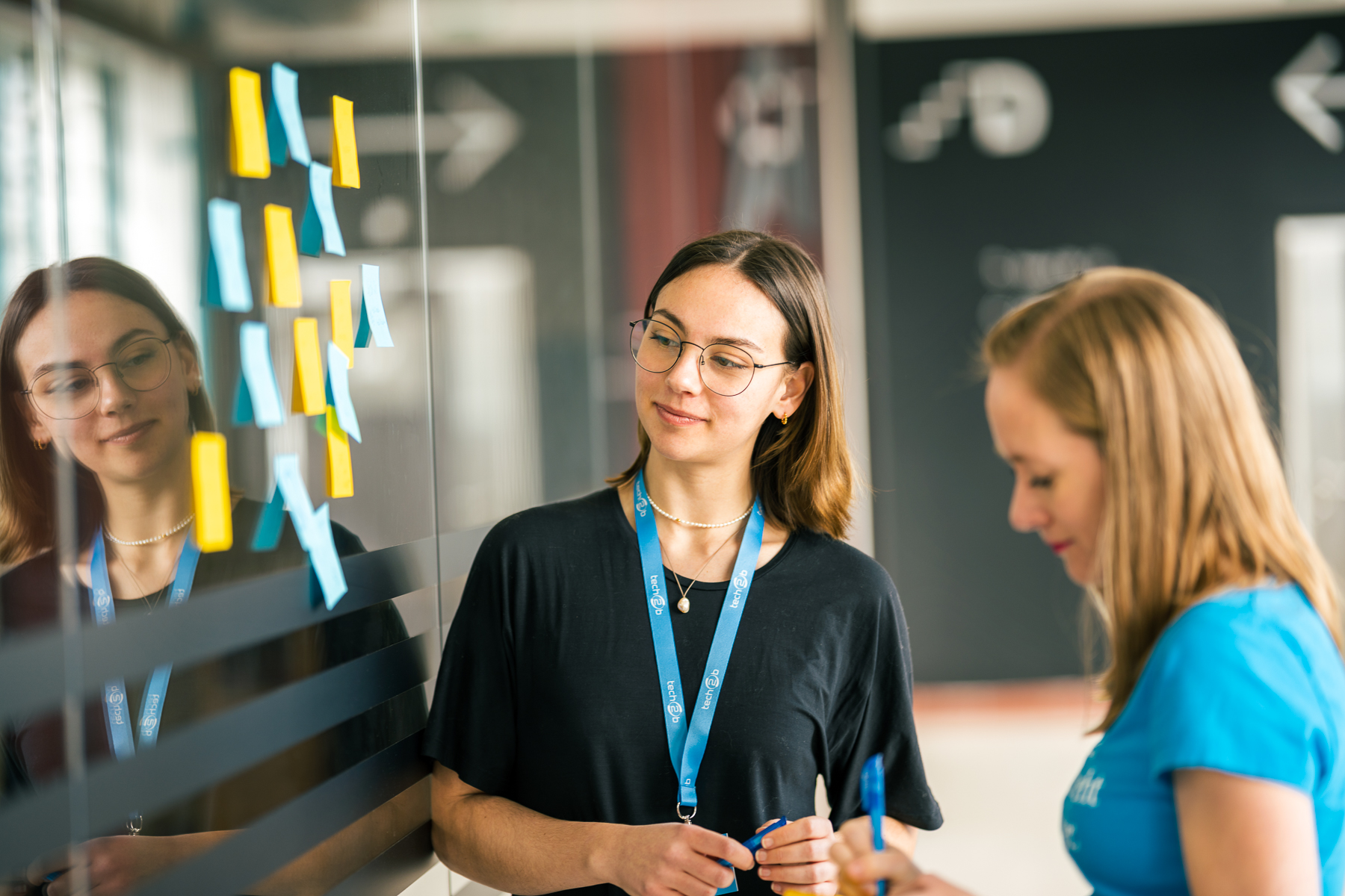 Team collaboration and brainstorming with sticky notes on a glass wall