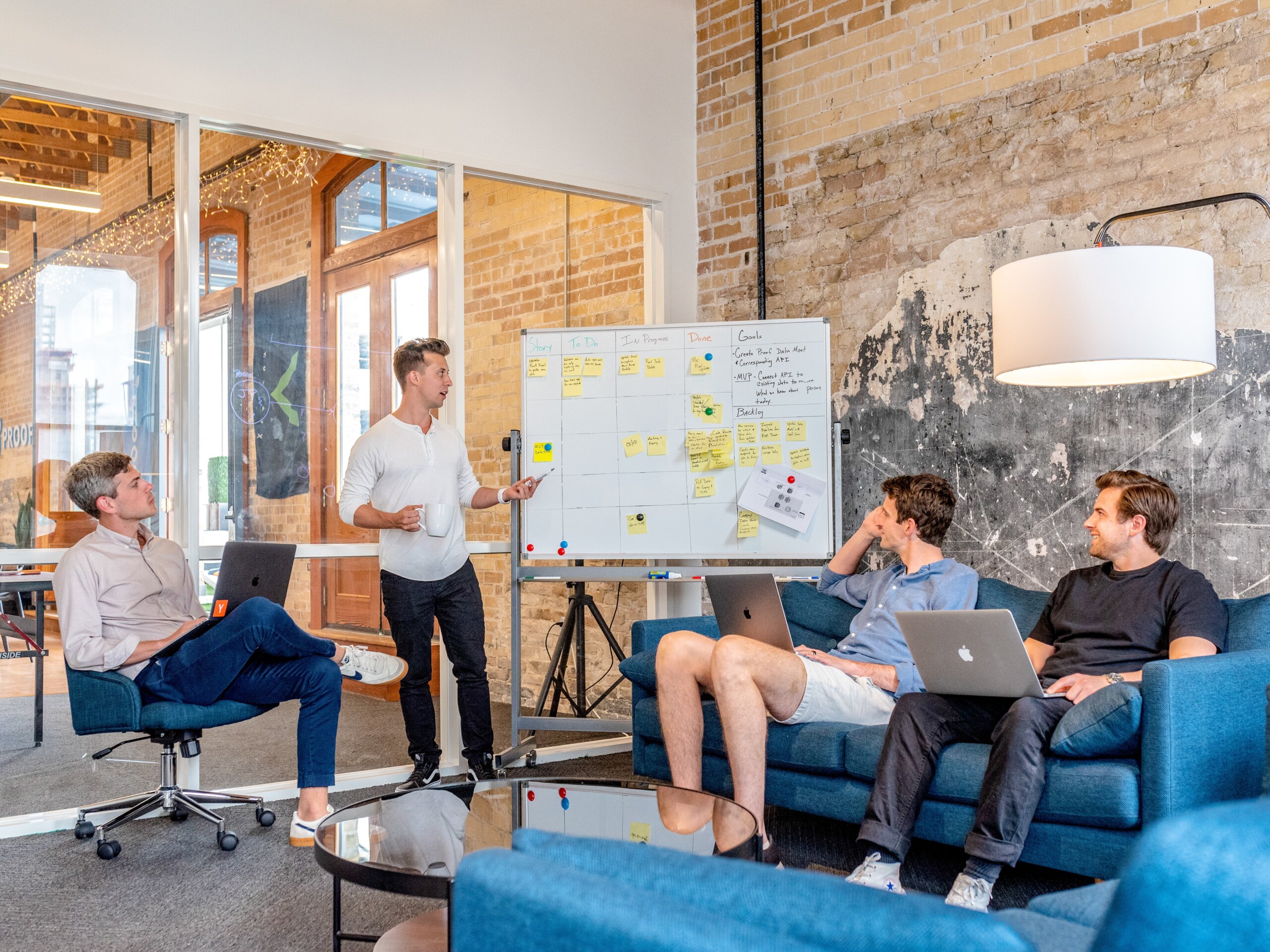 Startup team brainstorming in a modern coworking space